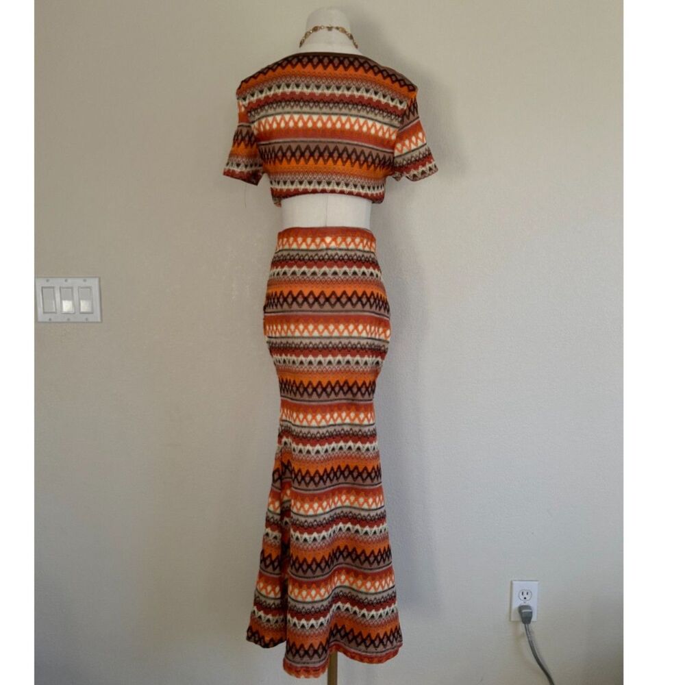 2-Piece Brown & Orange Geometric Print Top & Mermaid Maxi Skirt Coord Set - Picture 3 of 10